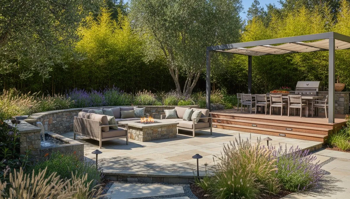 Backyard patio landscape design with lighting and lush plants by Chop Chop Landscaping in Santa Rosa, CA