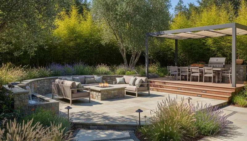 Backyard patio landscape design with lighting and lush plants by Chop Chop Landscaping in Santa Rosa, CA