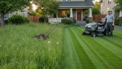 Before and after lawn mowing transformation by Chop Chop Landscaping in Santa Rosa, CA