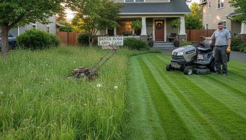 Before and after lawn mowing transformation by Chop Chop Landscaping in Santa Rosa, CA