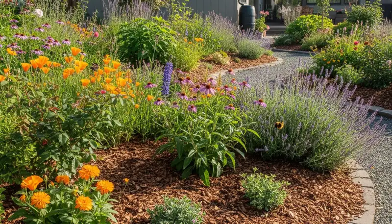 Organic garden beds with vibrant plants and mulch by Chop Chop Landscaping in Santa Rosa, CA