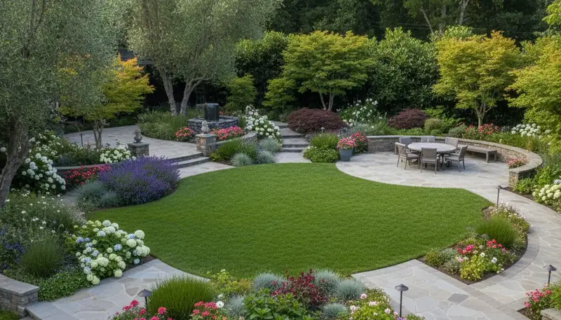 Residential landscape transformation with layered gardens and hardscape by Chop Chop Landscaping in Santa Rosa, CA