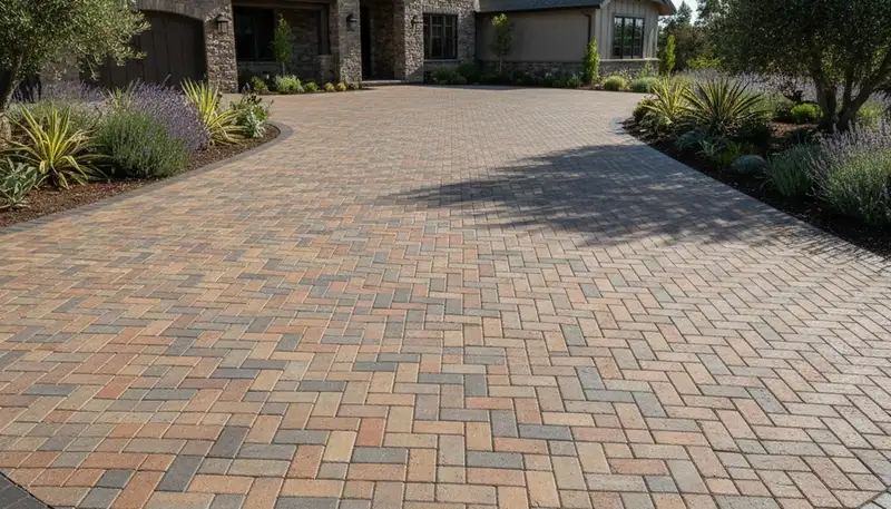 Completed interlocking paver driveway installation by professional landscapers in Santa Rosa, CA