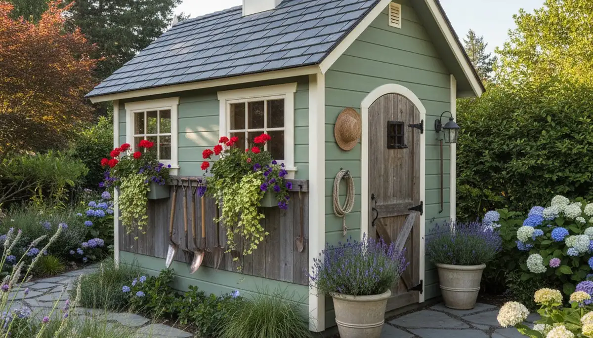 Decorative garden shed with soft landscaping and pathways by Chop Chop Landscaping in Santa Rosa, CA