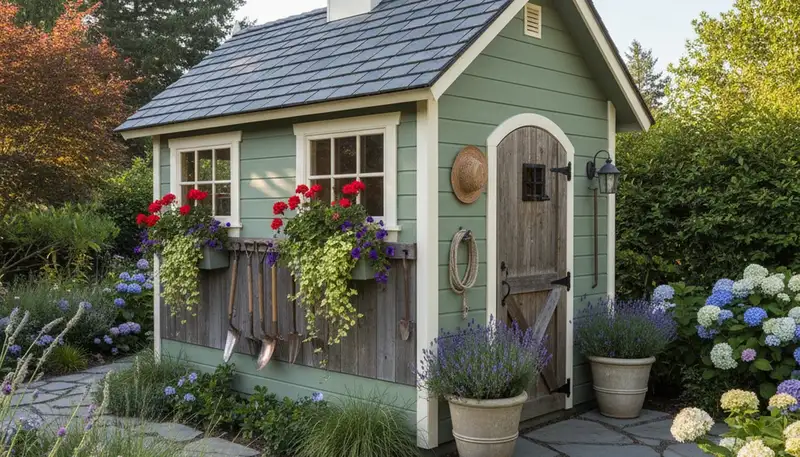 Decorative garden shed with soft landscaping and pathways by Chop Chop Landscaping in Santa Rosa, CA