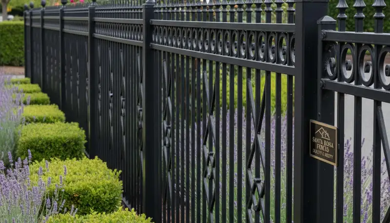 Ornamental black metal fence installation with decorative details in Santa Rosa, CA landscaping project