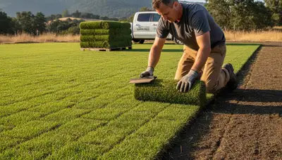 Expert sod installation technician laying fresh sod rolls in Santa Rosa, CA for a lush, even lawn