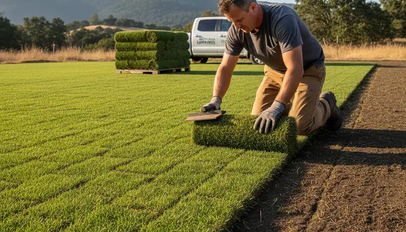 Expert sod installation technician laying fresh sod rolls in Santa Rosa, CA for a lush, even lawn