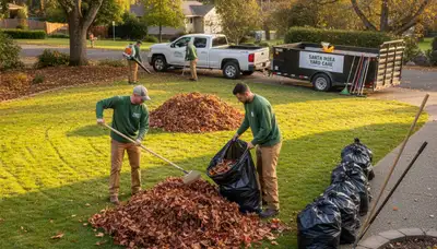 Technicians performing fall leaf removal on a residential lawn in Santa Rosa, CA by Chop Chop Landscaping