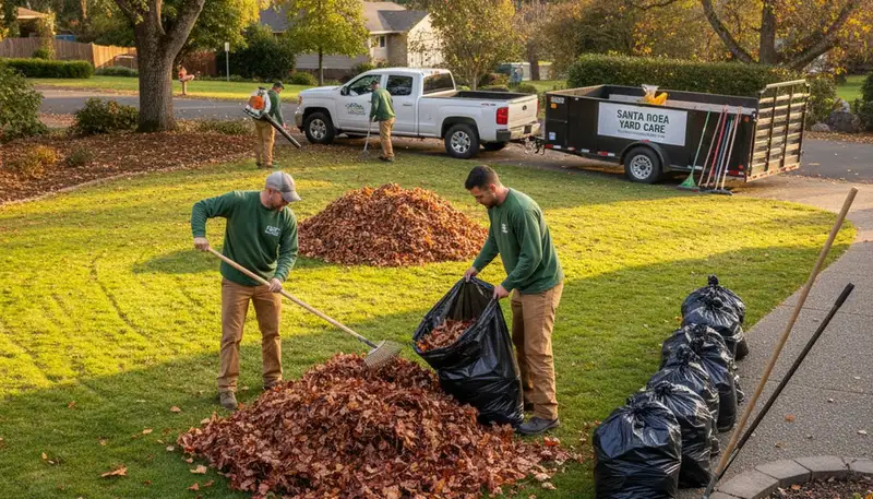 Technicians performing fall leaf removal on a residential lawn in Santa Rosa, CA by Chop Chop Landscaping