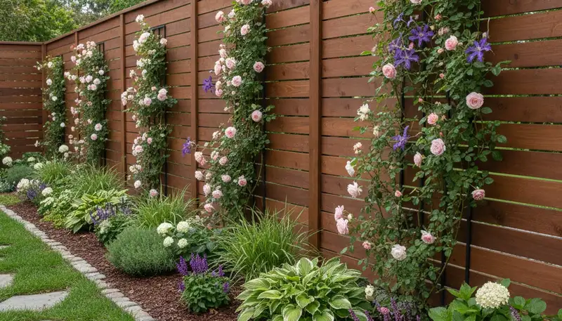 Fence with integrated landscape plantings enhancing backyard design in Santa Rosa, CA landscaping project