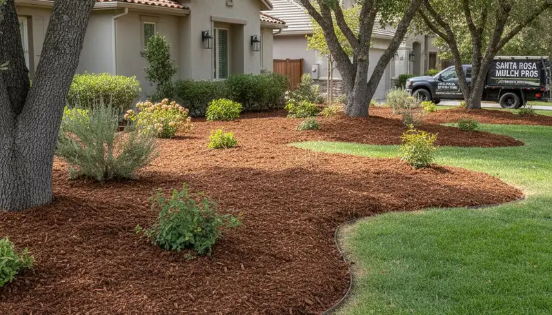 Fresh mulch installation with clean edges and vibrant color by landscaping pros in Santa Rosa, CA