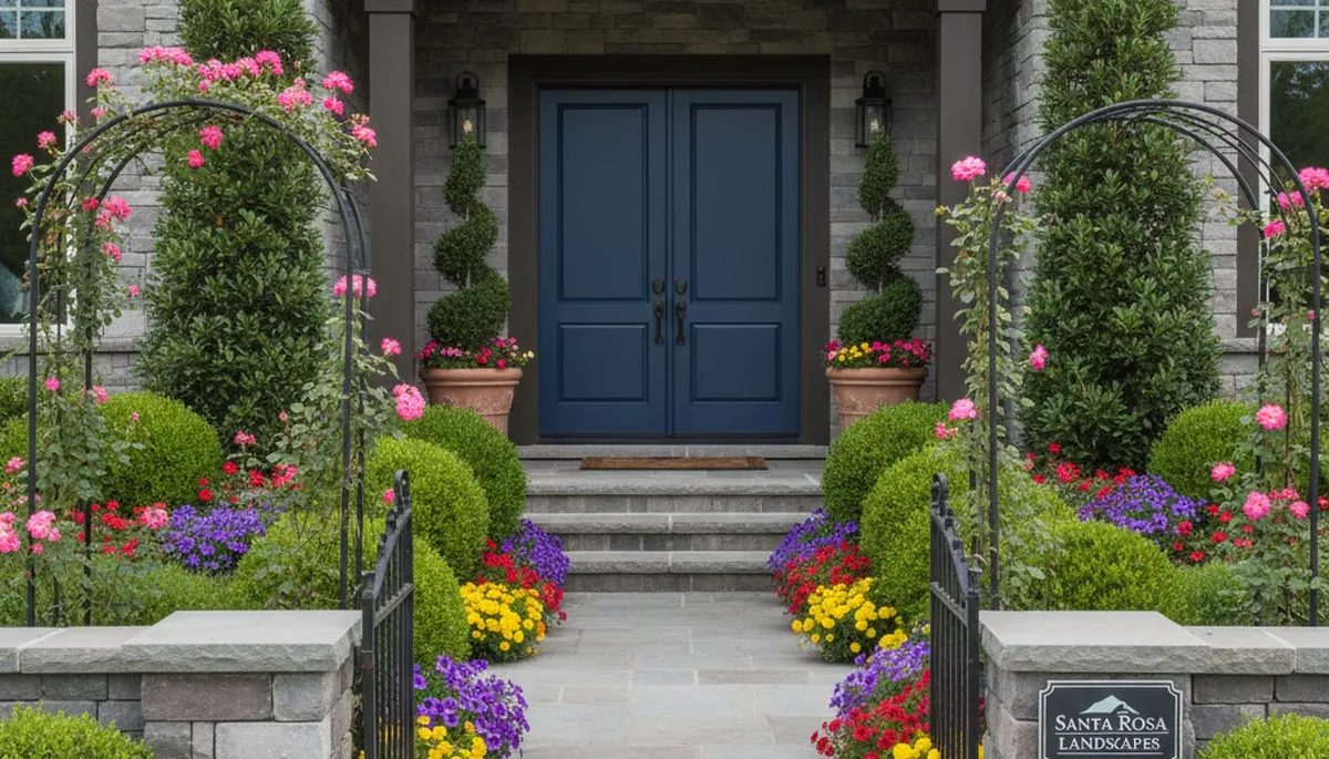 Front yard landscaping with colorful plants and shaped shrubs in Santa Rosa, CA by Chop Chop Landscaping