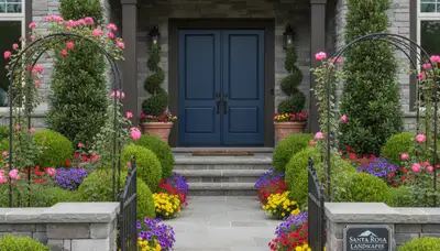 Front yard landscaping with colorful plants and shaped shrubs in Santa Rosa, CA by Chop Chop Landscaping