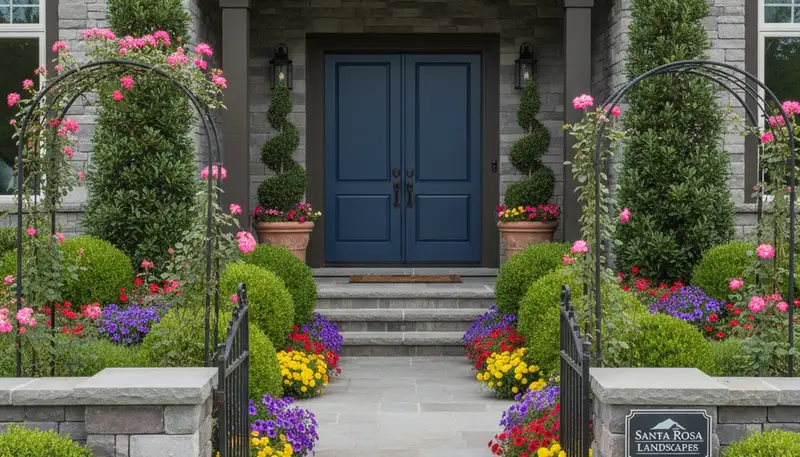 Front yard landscaping with colorful plants and shaped shrubs in Santa Rosa, CA by Chop Chop Landscaping