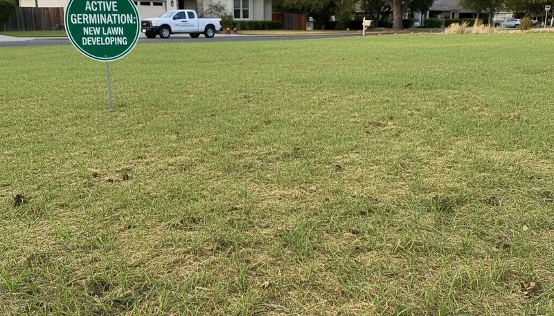 Hydroseeding lawn germination progress with new grass growth in Santa Rosa, CA landscaping project