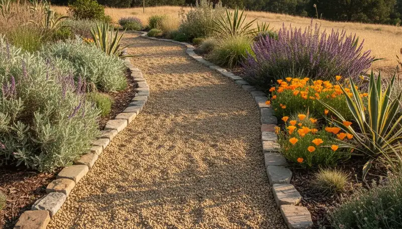 Pea gravel garden pathway with natural borders in landscaped yard, Santa Rosa, CA