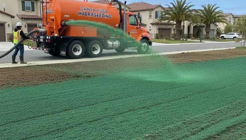 Hydroseeder truck spraying green slurry for lawn hydroseeding in Santa Rosa, CA landscaping project