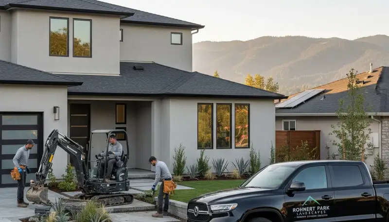 Santa Rosa, CA landscaping crew maintaining a residential yard with professional lawn care equipment
