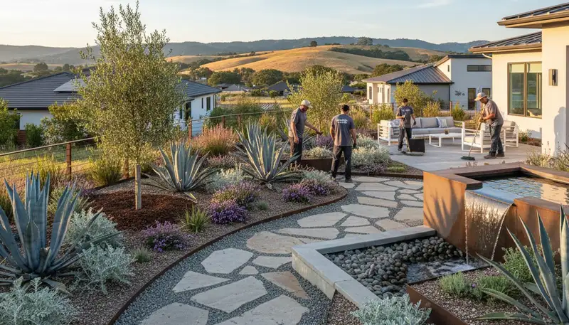 Landscaping crew in Santa Rosa, CA maintaining a residential yard with professional lawn care services