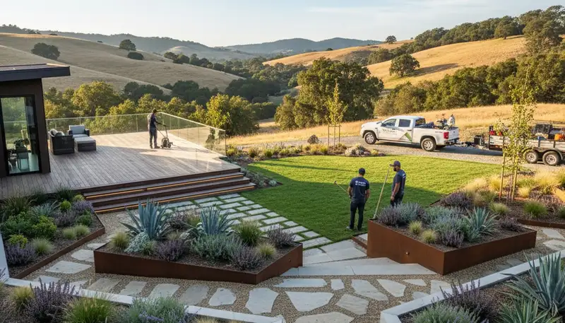 Santa Rosa, CA landscaping service team maintaining a residential yard and garden beds