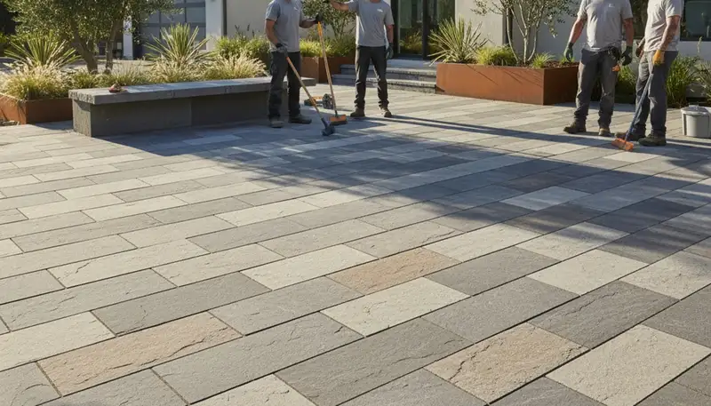 Modern stone patio with large slab pavers by Chop Chop Landscaping in Santa Rosa, CA
