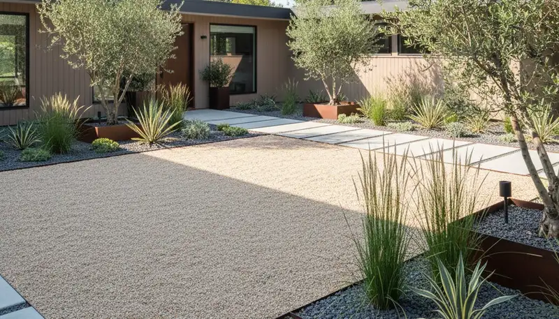 Modern minimalist pea gravel landscape design with clean lines in Santa Rosa, CA by Chop Chop Landscaping