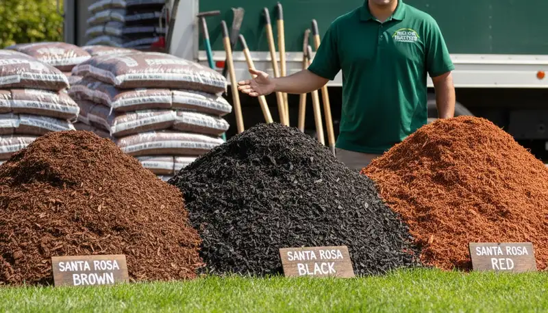 Brown, black, and red mulch variety display for landscaping in Santa Rosa, CA