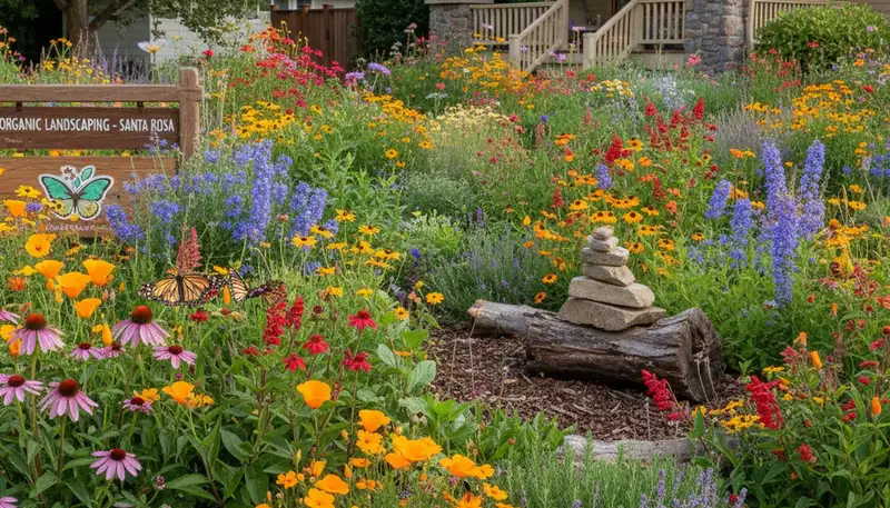 Native pollinator garden with bees and butterflies in organic landscaping, Santa Rosa, CA