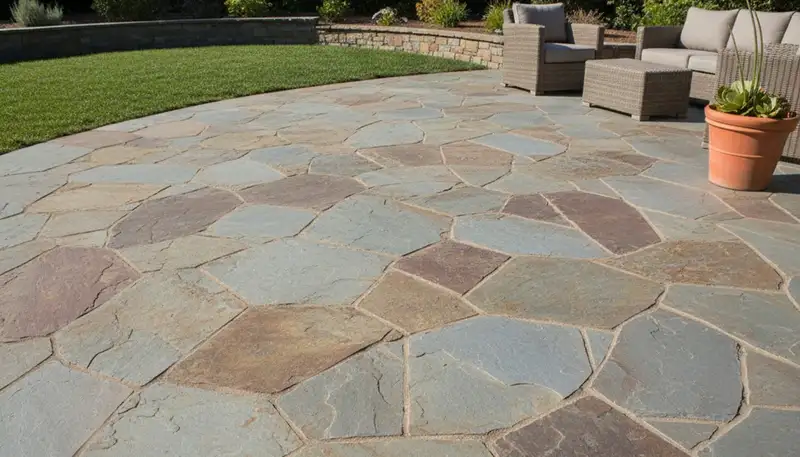 Flagstone patio installation with natural stone pavers in Santa Rosa, CA by Chop Chop Landscaping
