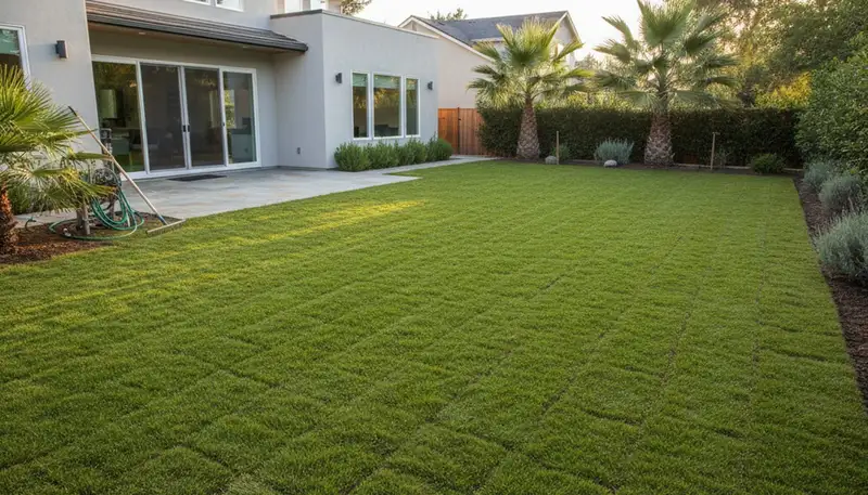Freshly installed green sod lawn by professional landscapers in Santa Rosa, CA