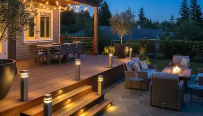 Illuminated deck and patio with post cap and step lights by Chop Chop Landscaping in Santa Rosa, CA
