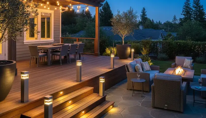 Illuminated deck and patio with post cap and step lights by Chop Chop Landscaping in Santa Rosa, CA