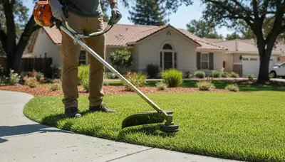 Technician edging residential lawn with string trimmer in Santa Rosa, CA for precise landscaping finish