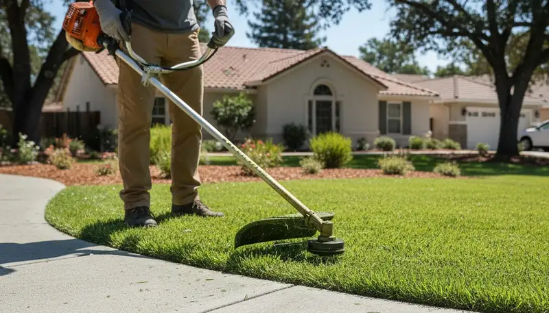Technician edging residential lawn with string trimmer in Santa Rosa, CA for precise landscaping finish