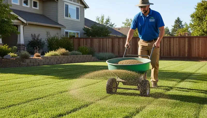Lawn care technician spreading fertilizer evenly on residential turf in Santa Rosa, CA