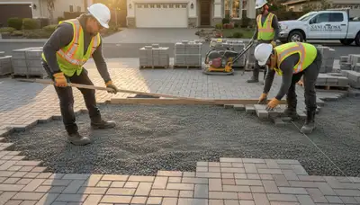 Technicians installing driveway pavers in Santa Rosa, CA with precise base prep and leveling techniques