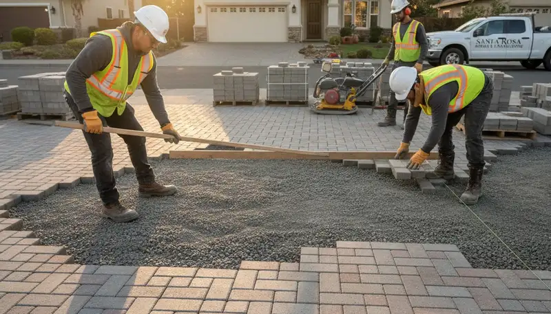 Technicians installing driveway pavers in Santa Rosa, CA with precise base prep and leveling techniques