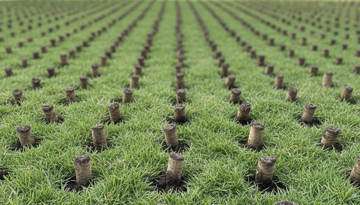 Close-up of soil core plugs after lawn aeration in Santa Rosa, CA by Chop Chop Landscaping