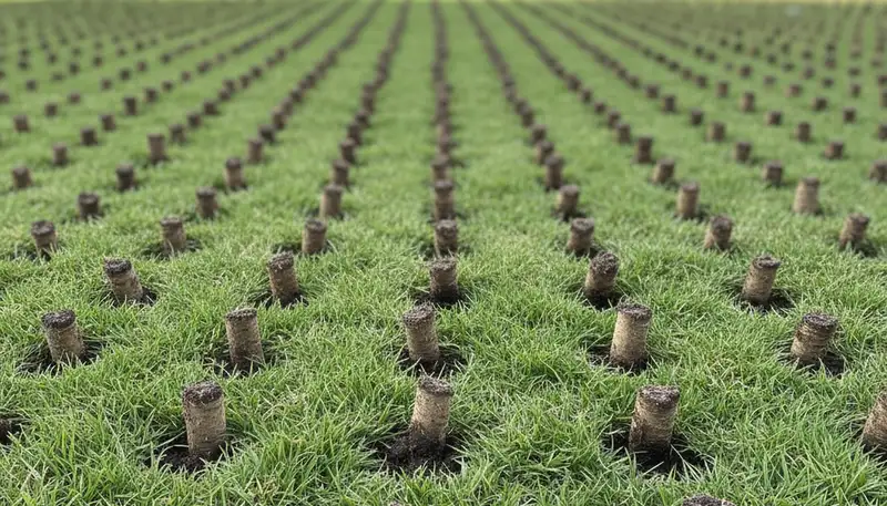 Close-up of soil core plugs after lawn aeration in Santa Rosa, CA by Chop Chop Landscaping