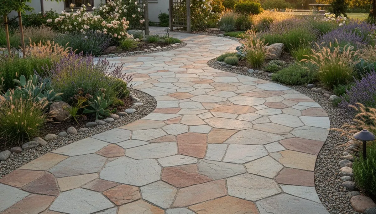 Stone paver pathway installation in landscaped yard, Santa Rosa CA by Chop Chop Landscaping