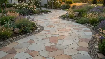 Stone paver pathway installation in landscaped yard, Santa Rosa CA by Chop Chop Landscaping