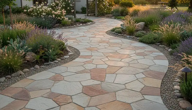 Stone paver pathway installation in landscaped yard, Santa Rosa CA by Chop Chop Landscaping