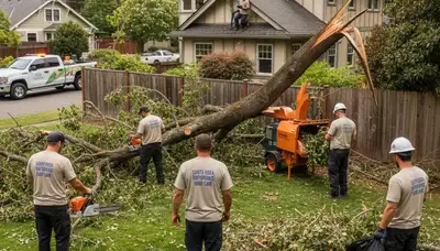 Landscapers clearing storm debris and fallen branches from a residential yard in Santa Rosa, CA