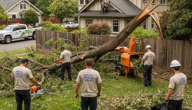 Landscapers clearing storm debris and fallen branches from a residential yard in Santa Rosa, CA