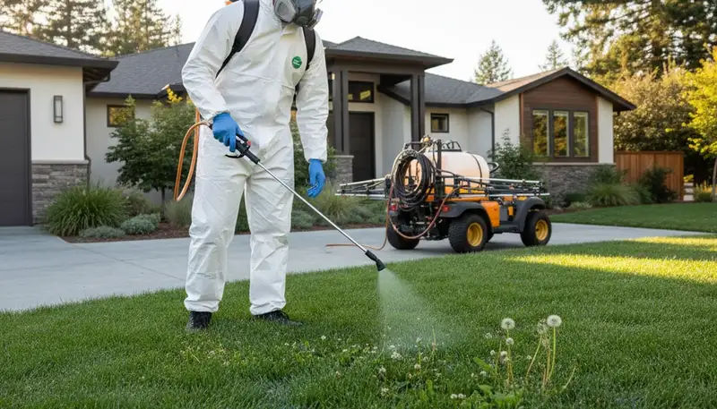 Lawn care technician applying targeted weed control in Santa Rosa, CA with professional sprayer and safety gear