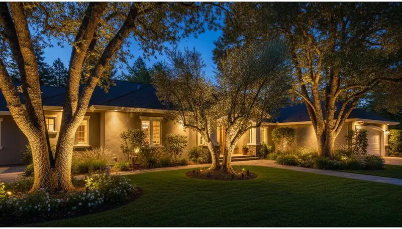 Tree uplighting at night highlighting landscape design in Santa Rosa, CA by Chop Chop Landscaping